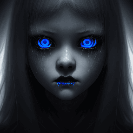 AI generated: Menacing creepy young lady ghost, black background, white pupil eyes, blue-grey lighting on the face...