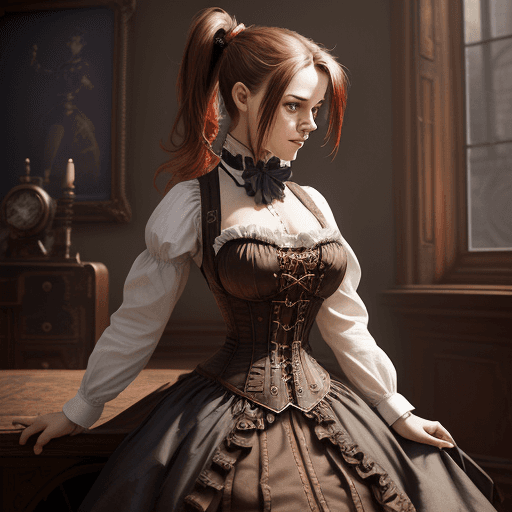 AI generated: (steampunk theme), Victorian era, cente red, official artwork, a cute girl, ponytail hair, steampunk...