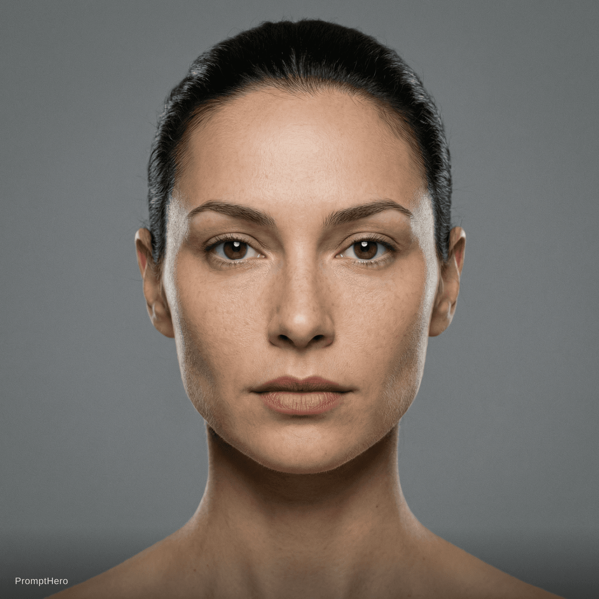 AI generated: hyper-realistic identity anchor portrait of a female action-movie lead (late 20s–early 30s), athleti...