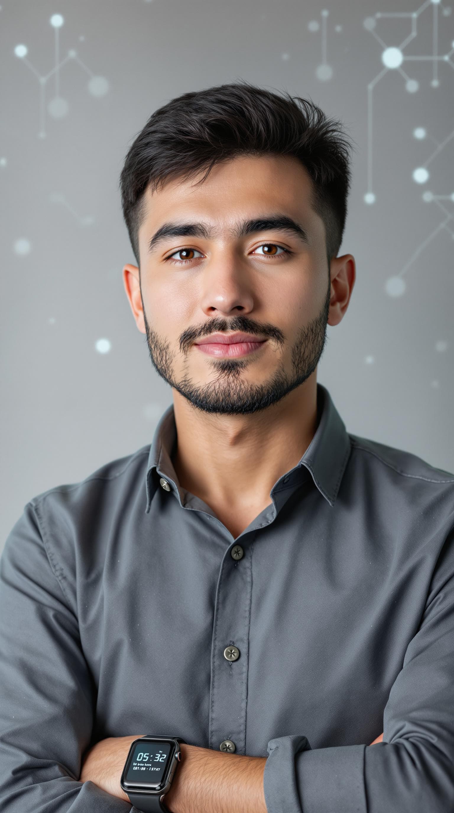 AI generated: A young Kyrgyz man, with a confident yet approachable expression, showcasing a professional look. He...
