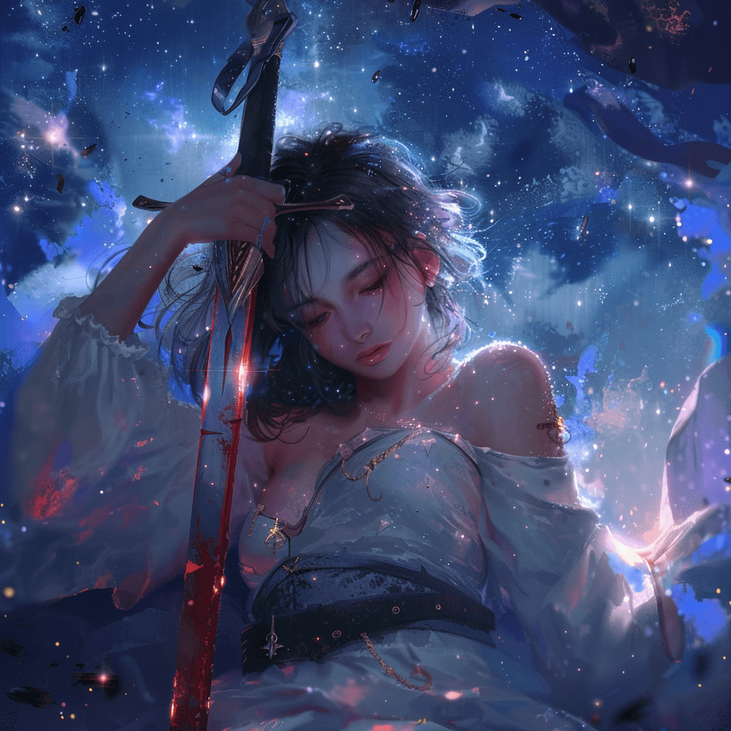 AI generated: a girl in space, sword in hand, after many battles, eyes tired, looking somewhere, surrealistic, coz...
