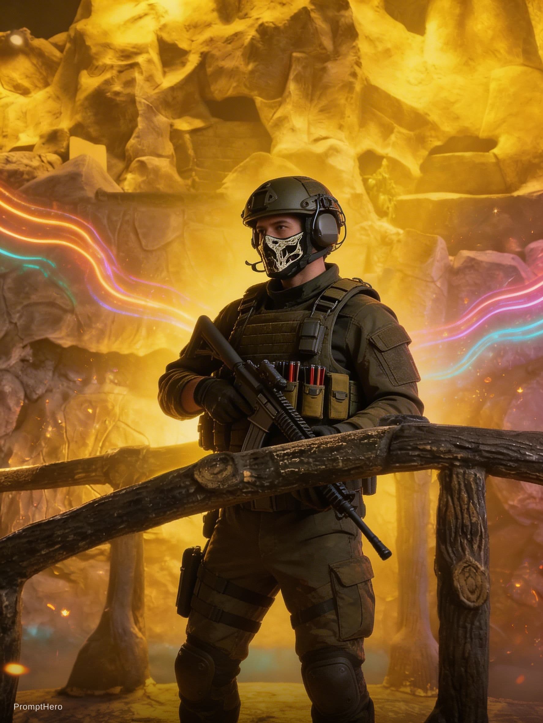 AI generated: Cinematic vertical 9:16 composition.A heavily equipped tactical soldier stands in a calm three-quart...