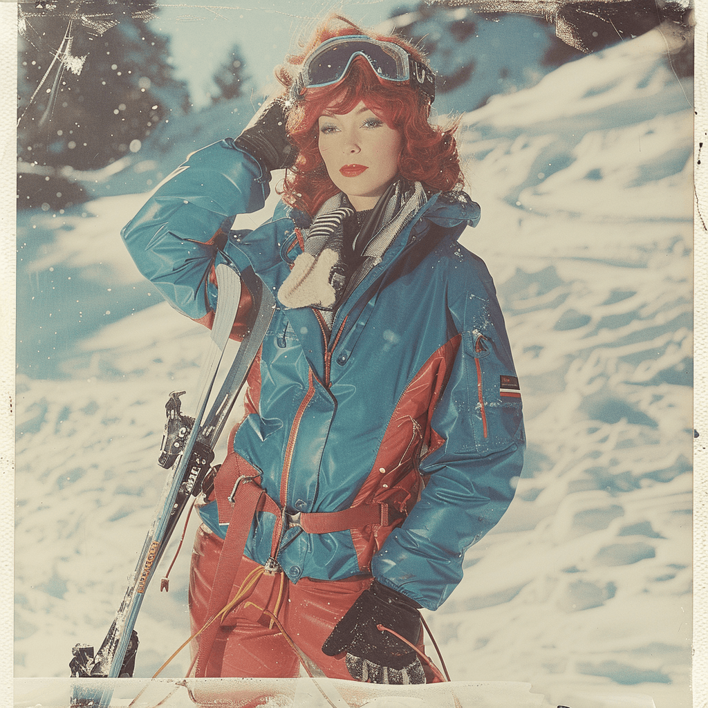 AI generated: a girl with red hair, in a ski suit in the style of the 80s, blue and red, stands in the snow with s...