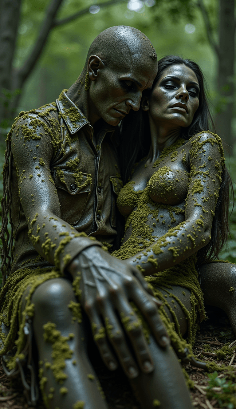 AI generated: Till death do us apart. Two metallic-skinned figures, covered in moss, sit close together in a fores...