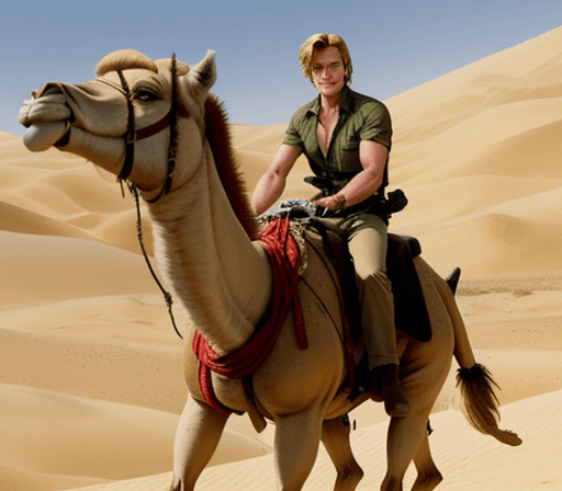 AI generated: Macgyver from the tv show riding on a camel in morocco searching for his true love