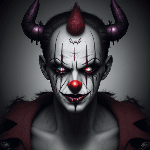 AI generated: a nightmarish appearance of the evil demonic clown, his makeup smeared with fresh paint, cyborg impl...