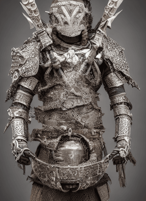 AI generated: full length photo of a warrior with an armour made of intricate turtke bones and metal plates, highl...