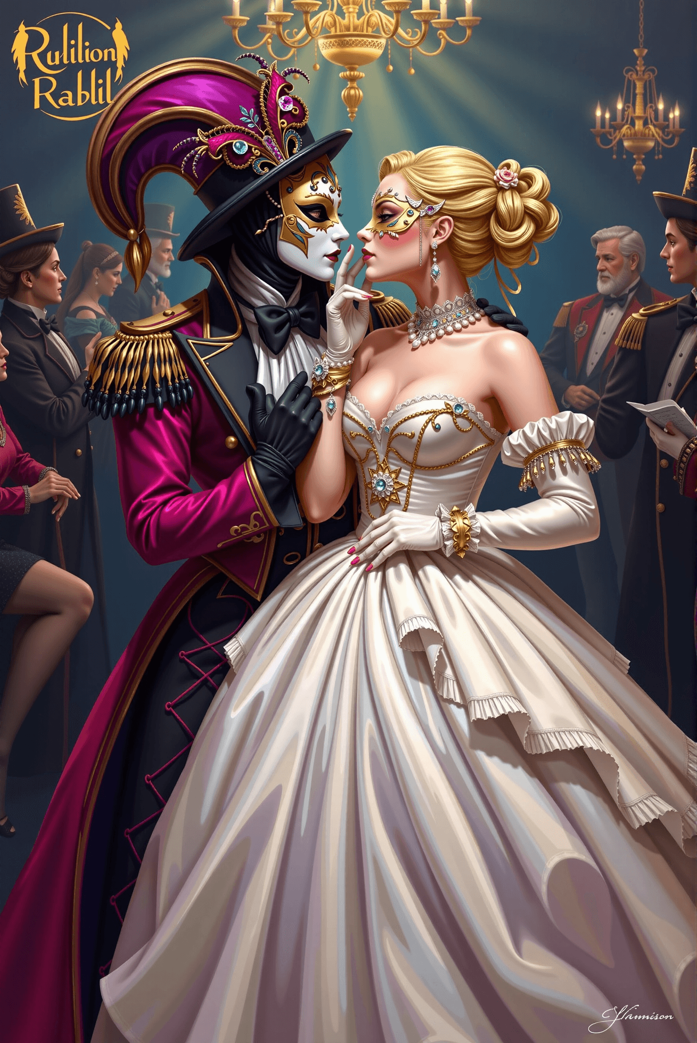 AI generated: An R-rated digital painting. Two figures in elaborate masks and revealing Venetian carnival costumes...