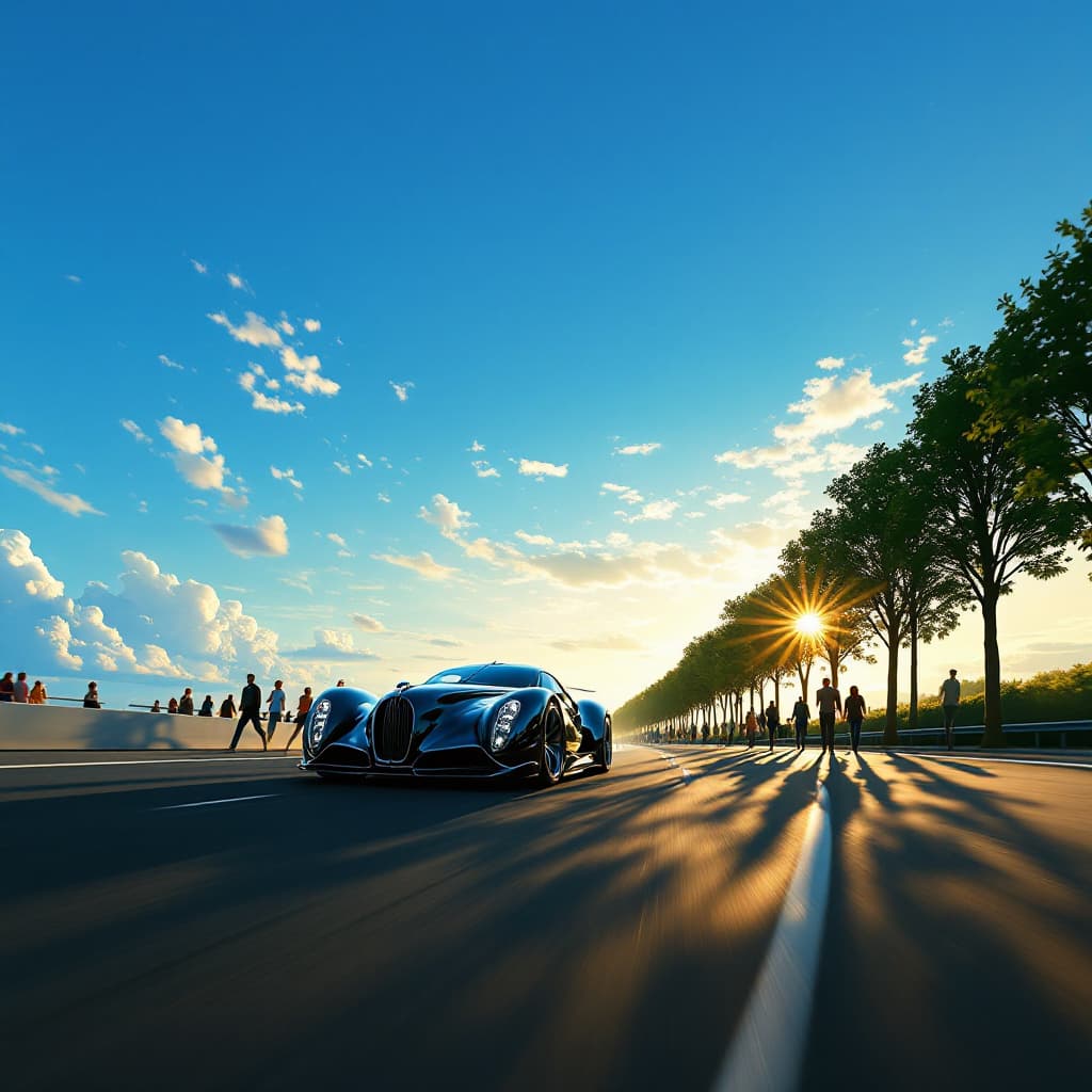 AI generated: A photo of black luxurious car, on a highway, clear blue sky, amazing sunset, low angle, energetic p...