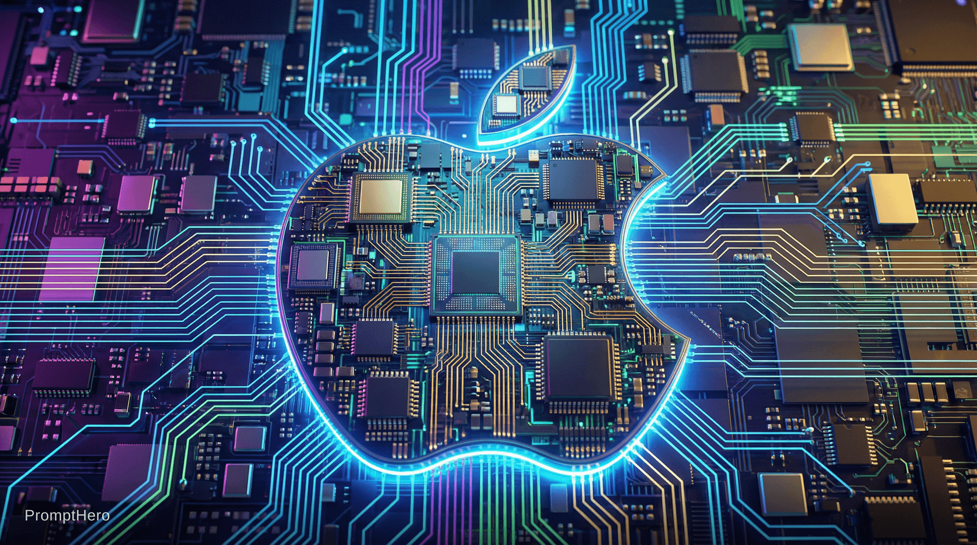 AI generated: the apple logo made from computer chips on a motherboard with circuits flowing into the logo