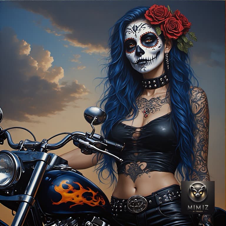 AI generated: Perchance
Ultra-realistic gothic biker woman with Día de los Muertos sugar skull face paint, deep bl...