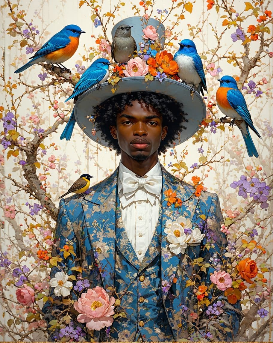 AI generated: This is an artwork of a man in a suit and bow tie, surrounded by birds and foliage, wearing a hat ad...