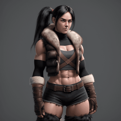 AI generated: Female adventurer, black hair, pony tail, muscular, big arms, abs, fur-lined dark red vest, midriff,...