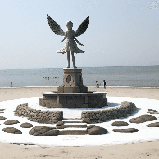 AI generated: children's camp on the seashore with a statue of a snow winged leopard
