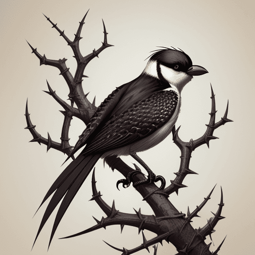 AI generated: illustration of a bird shrike, thorns everywhere, fantasy, dark fantasy style, skulls imapled on tho...