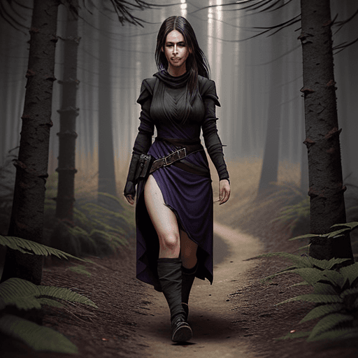 AI generated: realistic woman walking in a forest in the twilight, the woman has medium dark messi hair, and dress...