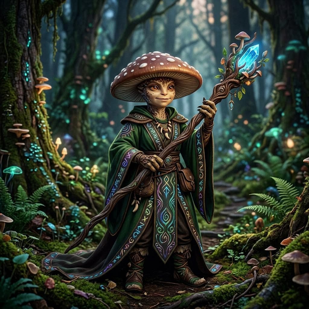 AI generated: A female mushroom person witch holding a two handed staff and wearing robes with iridescent runes st...