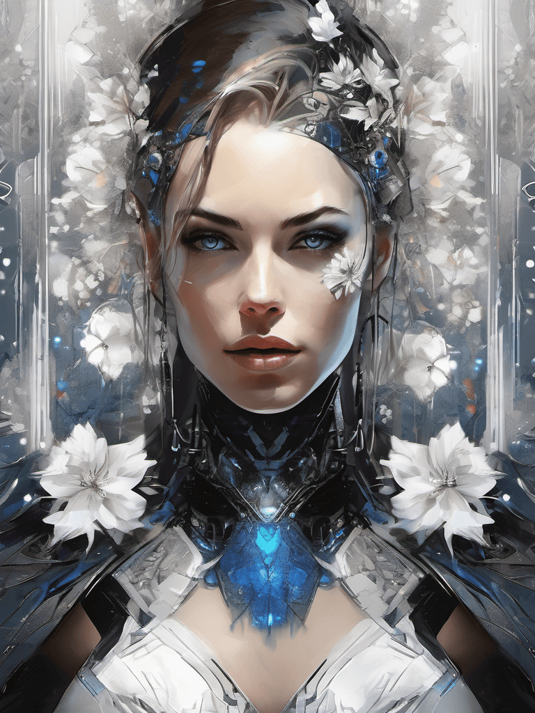 AI generated: digital wallpaper portrait of a woman from future with blue eyes, white flowers around, black and wh...