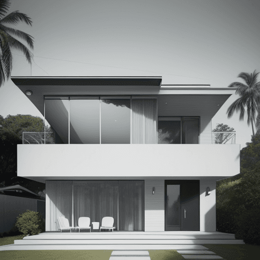 AI generated: Hyper realistic eye level exterior photo of a mid century modern style house overlooking the ocean, ...