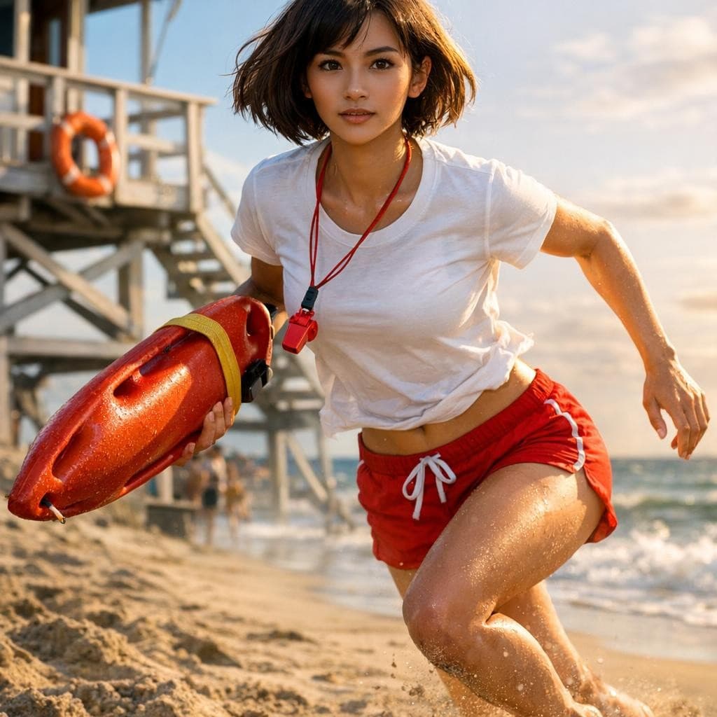 AI generated: 1girl, (full body), (action shot), (dynamic pose), (a Vietnamese girl as a lifeguard wearing a plain...
