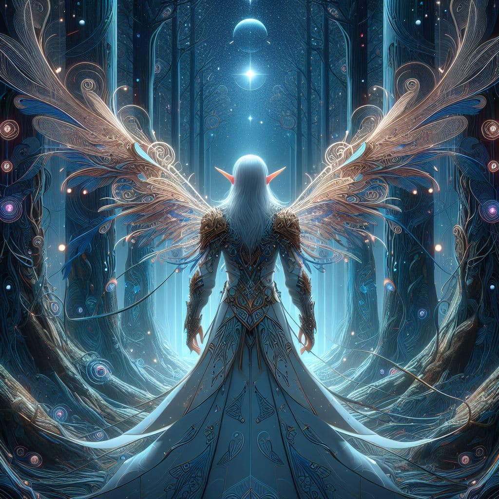 AI generated: high elf in a high forest, magic design, futuristic design, astropunk, glazing, ultra detailed, zodi...