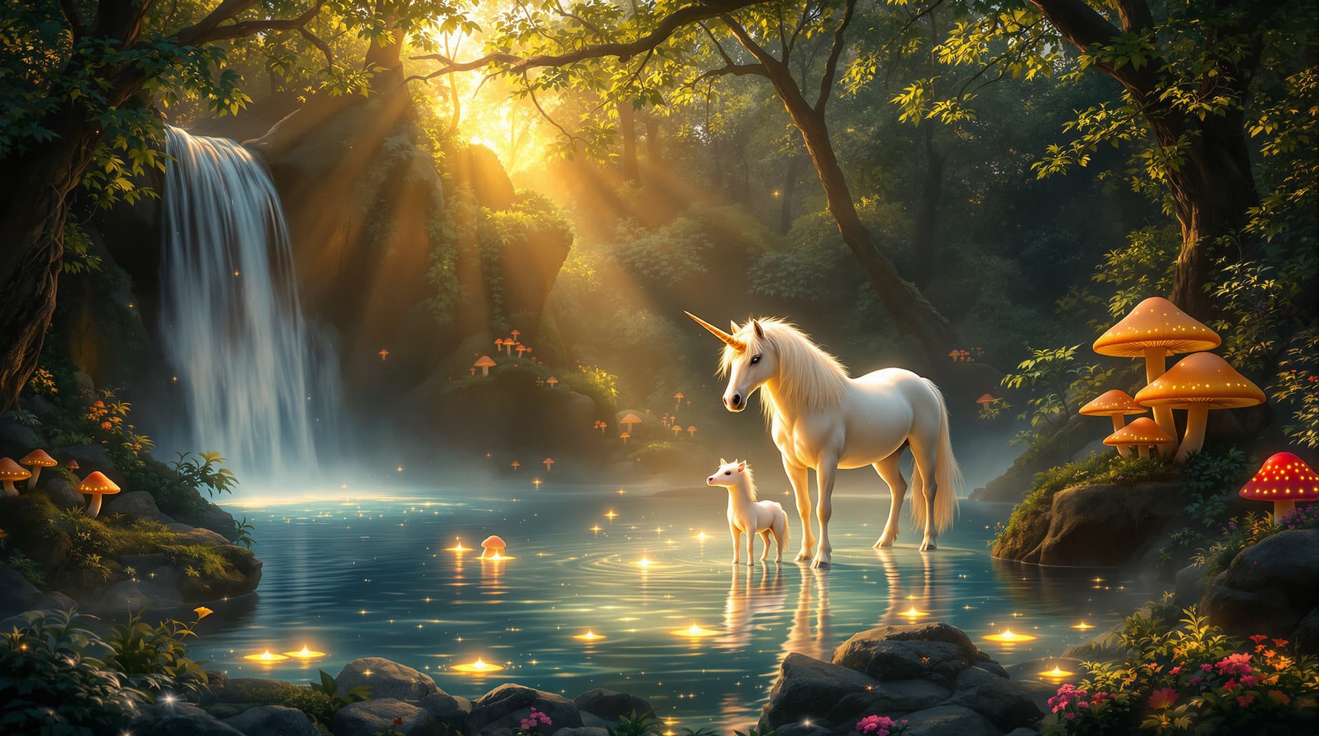 AI generated: "A highly detailed depiction of a unicorn’s birthplace in an enchanted forest. Glowing, enchanted wa...