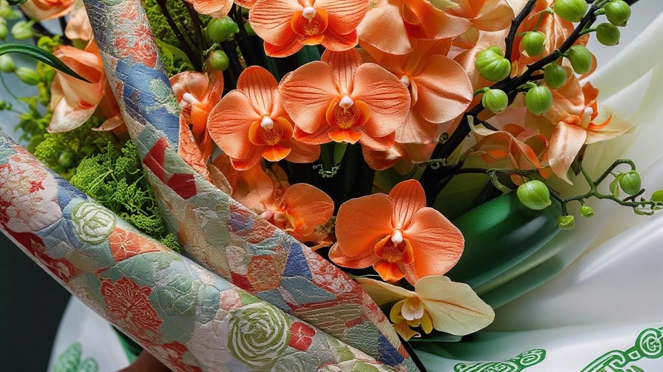 AI generated:  a work of art  in a  glossy satin silk fabric coral color orchid in 3d, each petals are  made of co...