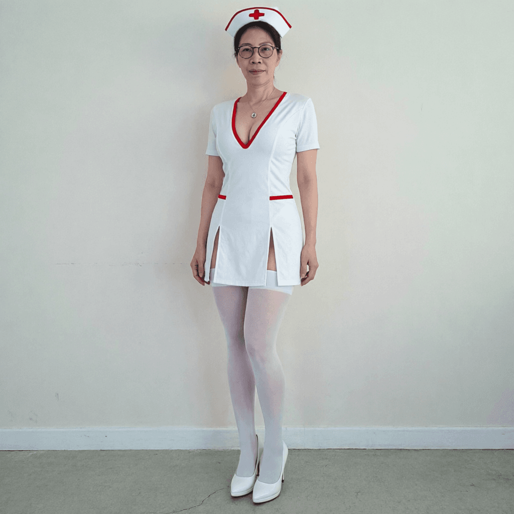 AI generated: Wearing tight nurse cosplay vcut top and slit, white pantyhose and white high heels. fit slim and pe...
