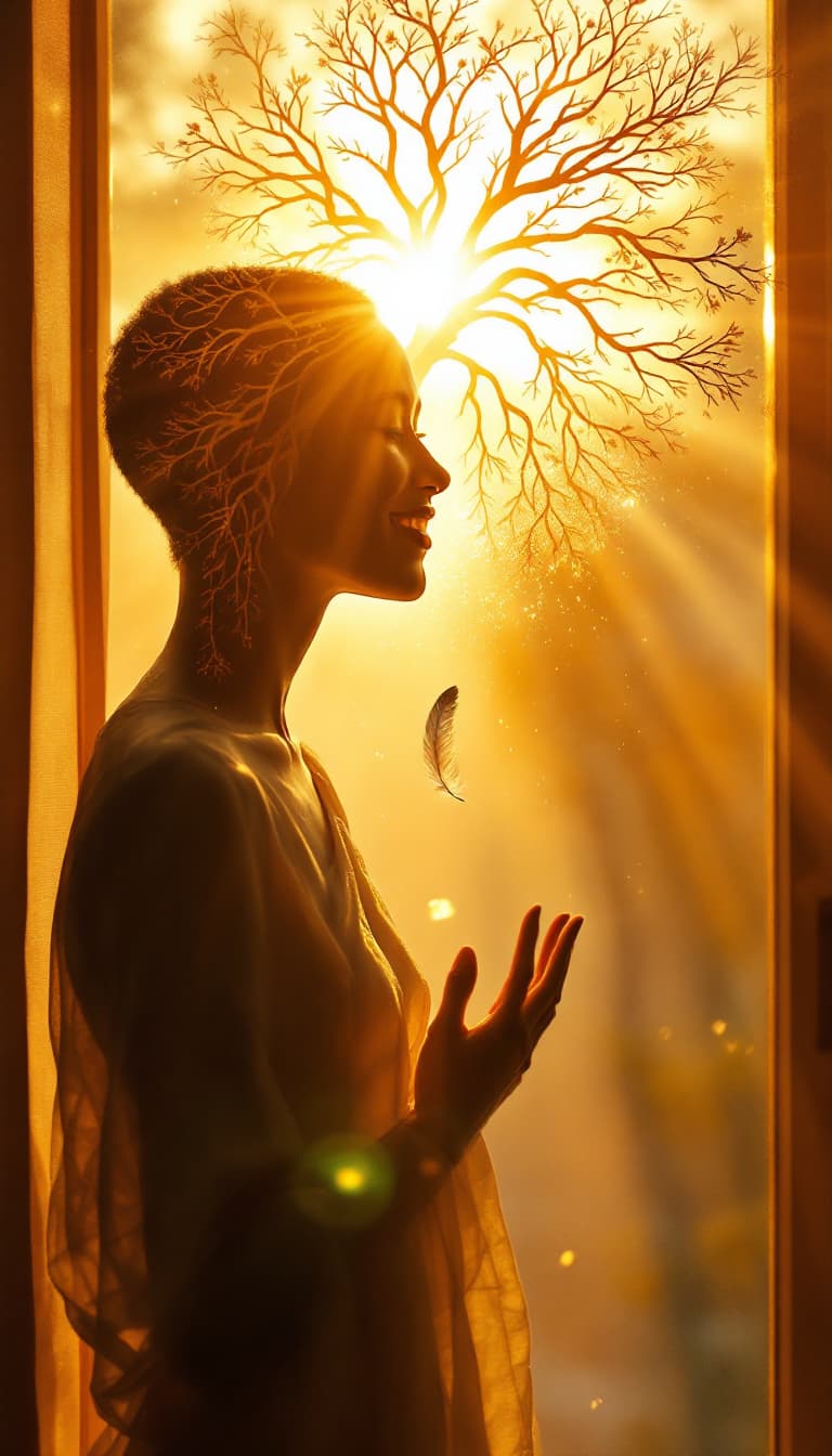 AI generated: A sunrise seen through a translucent human figure standing by the window, their form subtly dissolvi...