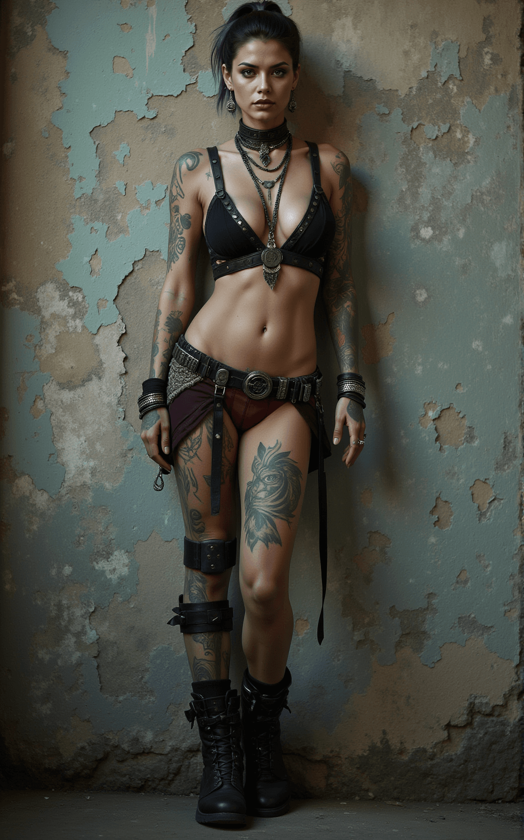 AI generated: Full-body shot of a striking Gothic punk woman standing confidently against a weathered, textured wa...