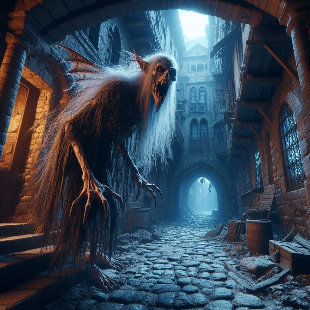 AI generated: fantasy and terrifying Banshee at night, in a dilapidated, ancient alley, intricately detailed., pho...