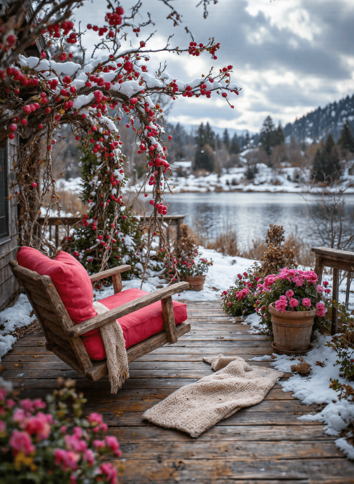 AI generated: The image depicts a serene winter scene viewed from an elevated rustic wooden deck overlooking a tra...