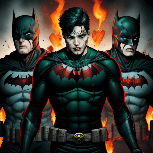 AI generated: "Jason Todd" from DC comics surrounded by his young ghosts,  dead bloody batman, angry painful green...