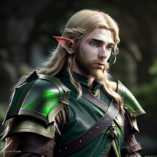 AI generated: 18 year old, young Half-Elf male from D&D, shaggy long blonde hair, bearded, ranger, black and green...