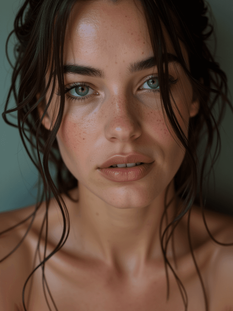 AI generated: Close-up portrait of a woman with green eyes, light freckles, and dark hair styled in loose tendrils...