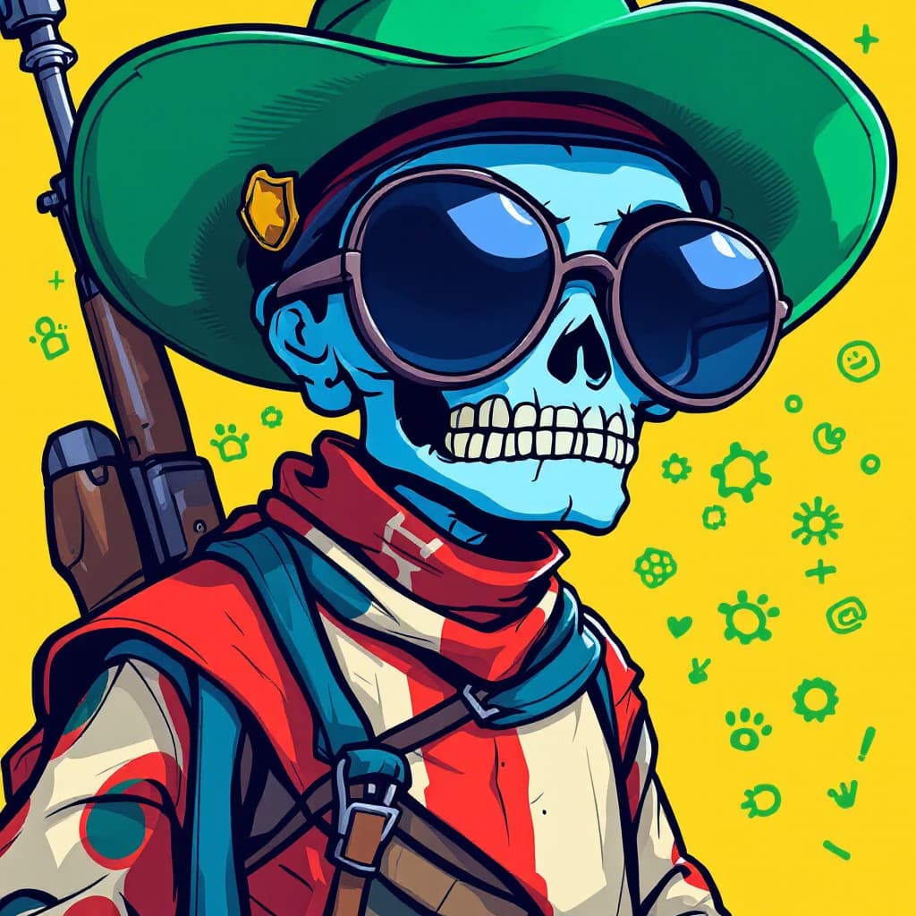 AI generated: Image is a digital illustration featuring a stylized cartoon character with a blue skull-like face a...