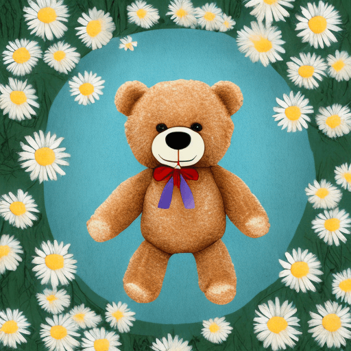 AI generated: A cute cartoon teddy bear standing in a field of daisies. The background is a light blue sky. The te...