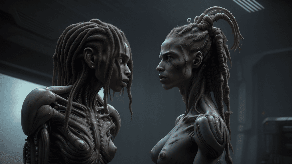 AI generated: a woman with dreadlocks and a body of hair in a scene from the film alien, movie still of a alien cy...