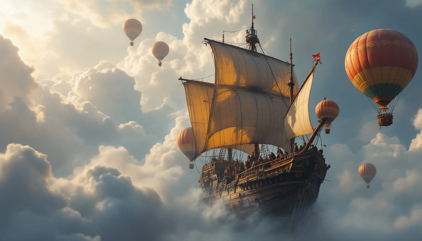 AI generated: A majestic wooden ship with hot air balloons, in the style of steampunk, floating in the sky, surrou...