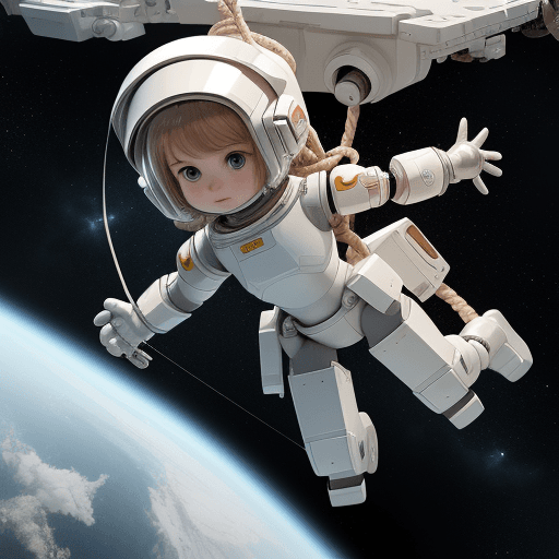 AI generated: a girl with white armor and her small robot friend floating in space with a rope connecting each oth...