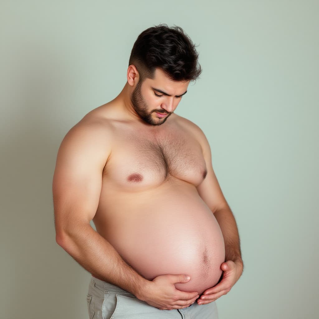 AI generated: pregnant man looking down at his big belly naked
