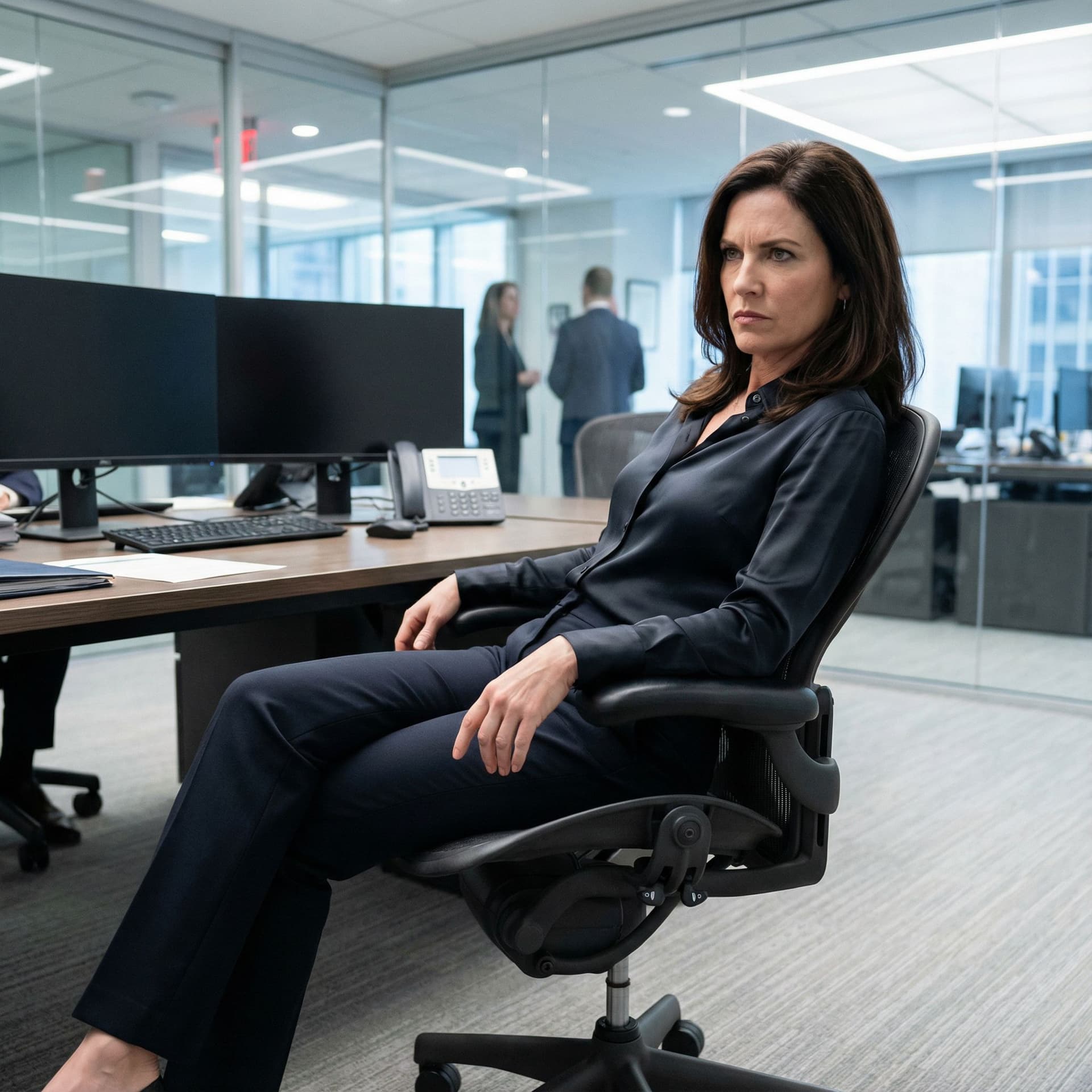 AI generated: Can you create teh image of a realistic brunette bitchy boss wearing tight silky top swinging an off...