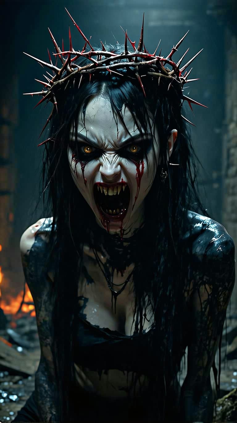AI generated: 3d model, a beautiful skinny furious goth girl with a crown of thorns, more spikes puncturing her sk...