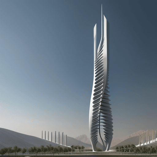 AI generated: High realistic twin tower, Tajikstan, flame movement, BIG, Zaha Hadid, Norman Foster