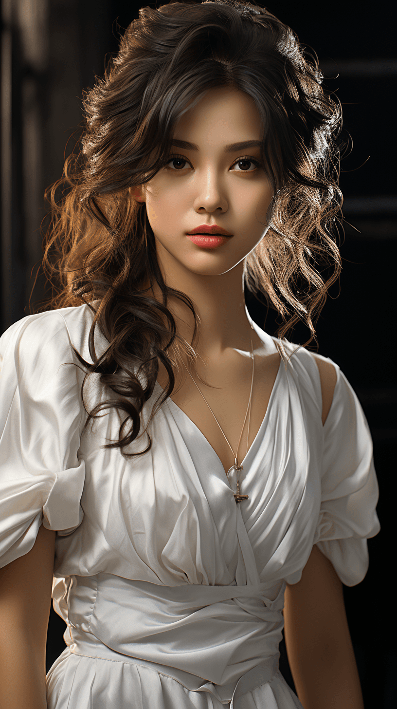 AI generated: a beautiful girl in a white dress, in the style of unreal engine 5, realistic portrait drawings, gon...