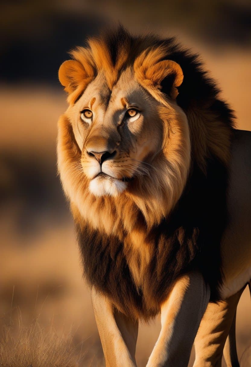 AI generated: A stunning portrait of a male lion standing confidently in the golden light of the African savannah....