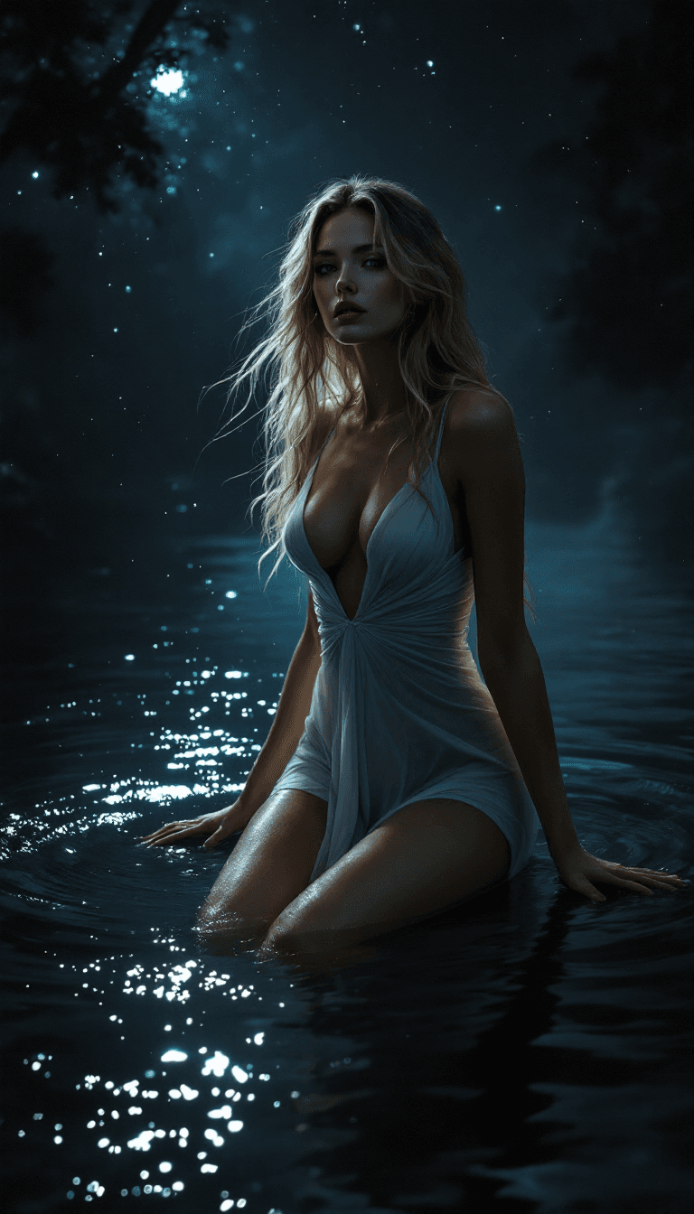 AI generated: very alluring woman, slim, long hair blonde, alluring dress, in a lake, a magical night with stars, ...