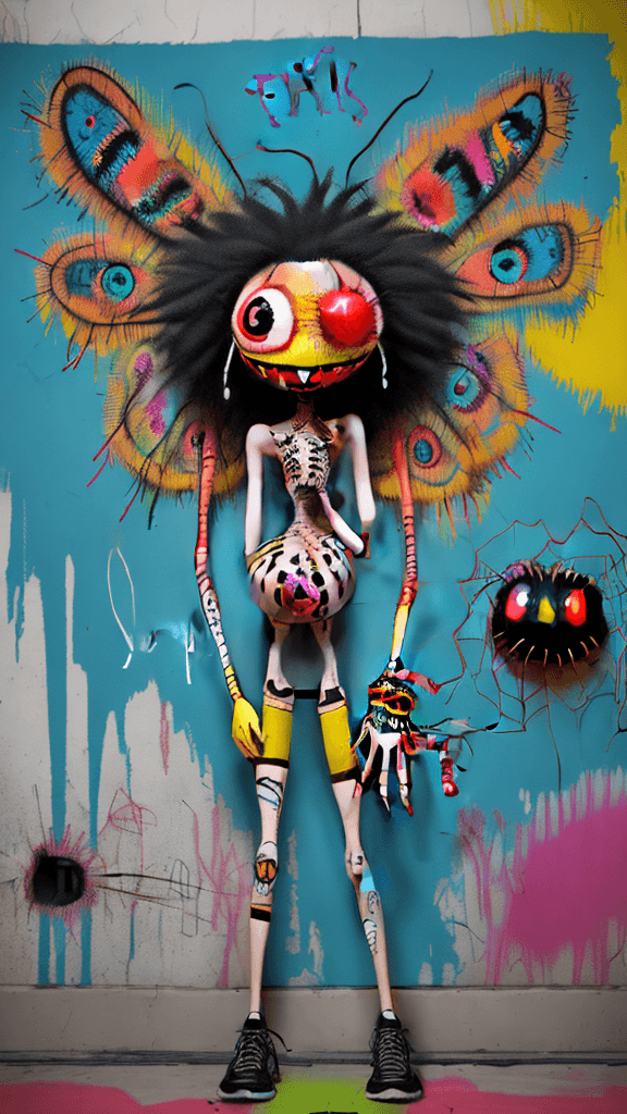 AI generated: graffitied on the wall invision my imaginary friend a Absurd Embroidery bird head spider legs red or...