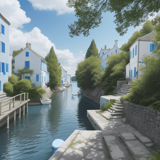 AI generated: a narrow staircase leading down to a small village on the edge of a body of water. The village is ma...