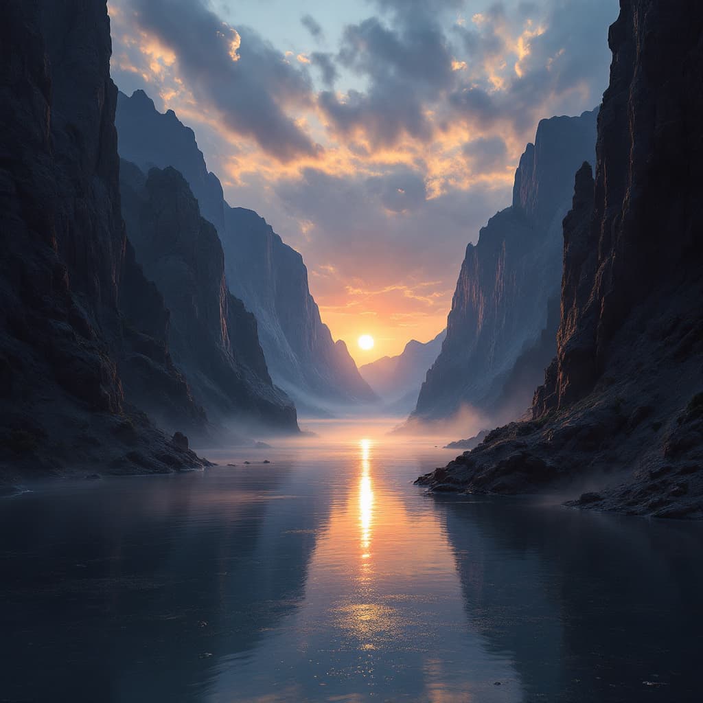 AI generated: A majestic mountain canyon stretches between towering, ancient rock cliffs. A sunset over the lake r...